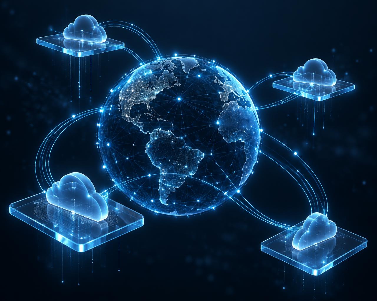 Abstract global network connecting cloud platforms around a digital globe